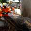 Two men in orange firefighting uniforms and yellow hardhats holding hose spraying water on leaves in back of truck, woman in orange vest holding a clipboard watches, others in orange uniforms in background