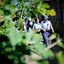 Two blue-uniformed soldiers walking along a tree-lined footpath